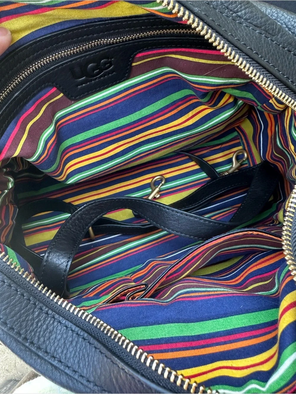 UGG Black Leather Satchel with Gold Ring Handles and Multicolor Stitching